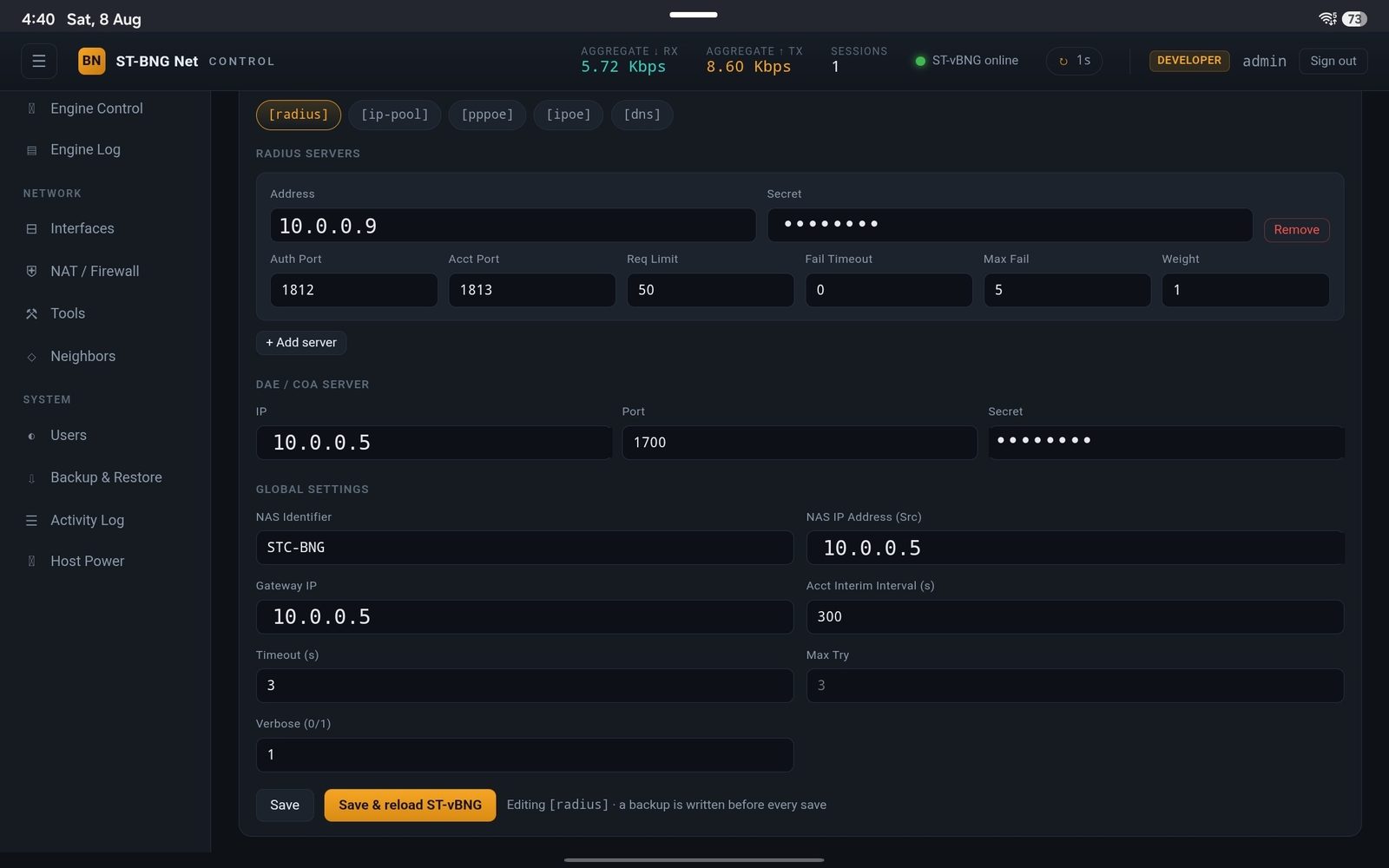 Multiple RADIUS servers with CoA/PoD, NAS identifier and accounting — or point at ISPRadius.